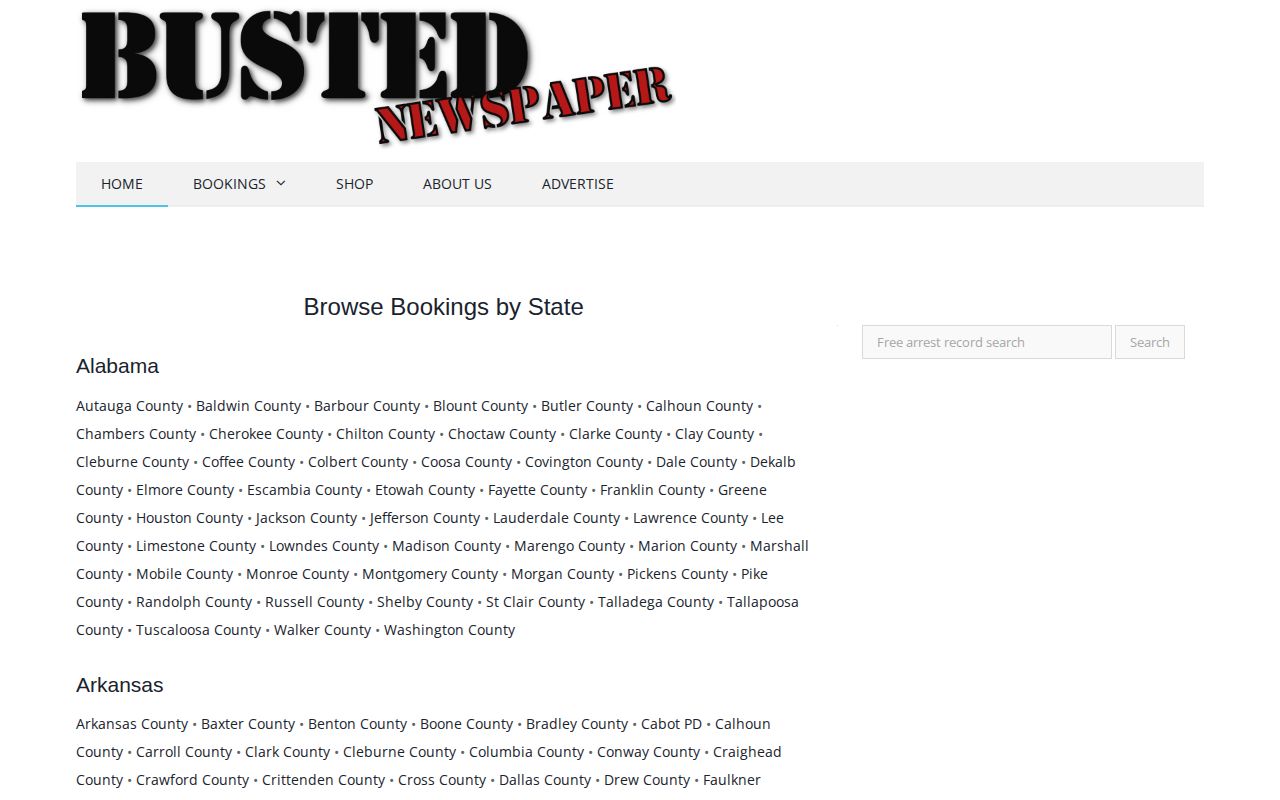 Screenshot of the unofficial Busted Newspaper Nebraska browse page