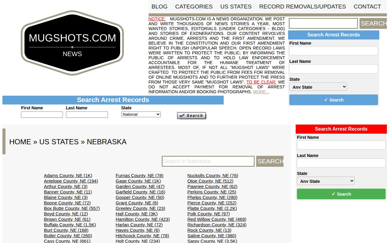 Screenshot of the unofficial Mugshots.com Nebraska state index