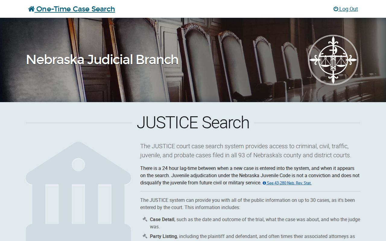 Nebraska JUSTICE search interface for Rock County booking and court record follow-up