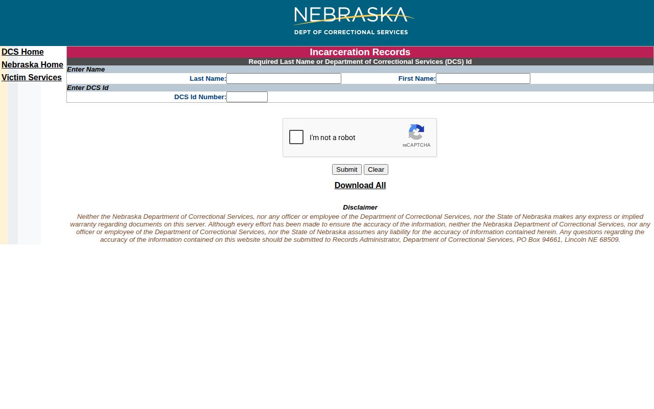 Nebraska Department of Correctional Services search form for Rock County post-booking state custody